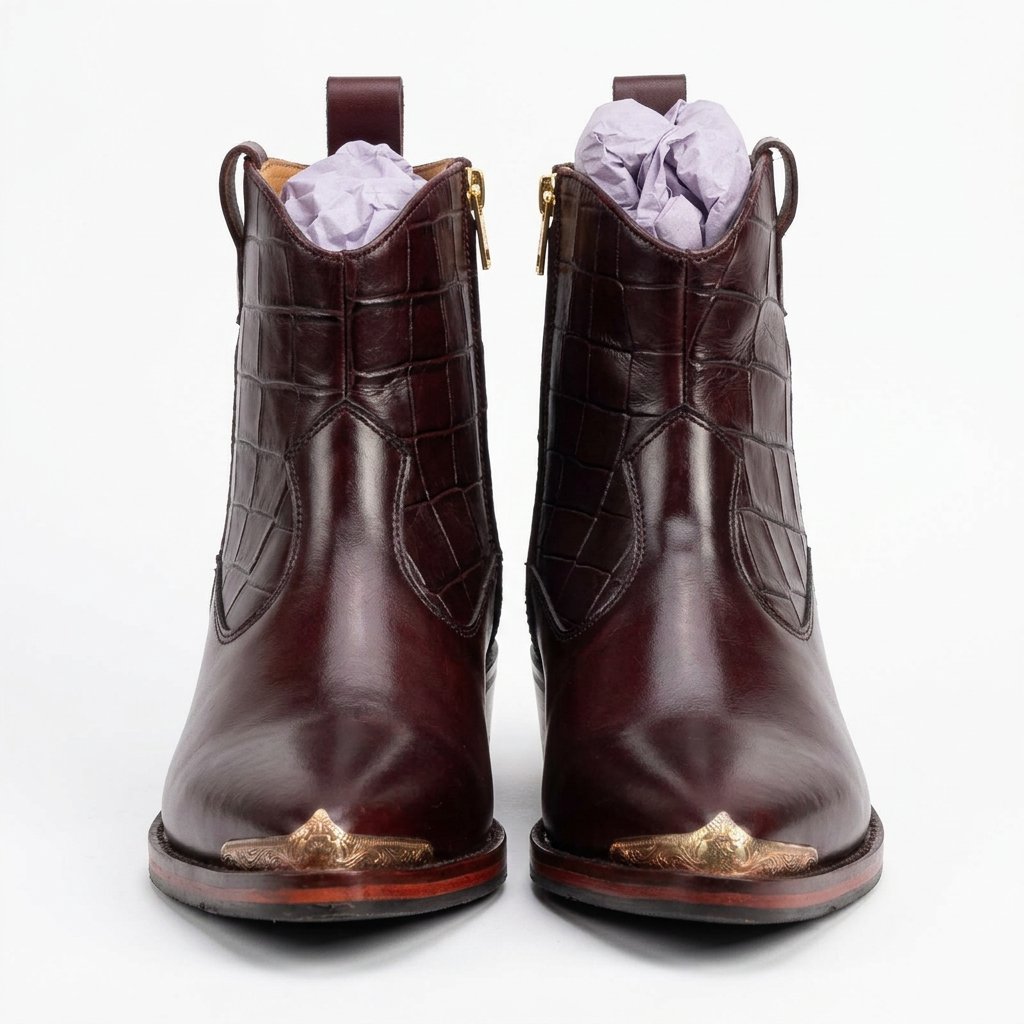 Scarface - Croc Textured Leather Western Chelsea Boots with Gold Toe Accent