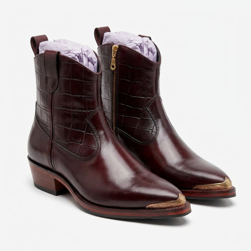 Scarface - Croc Textured Leather Western Chelsea Boots with Gold Toe Accent