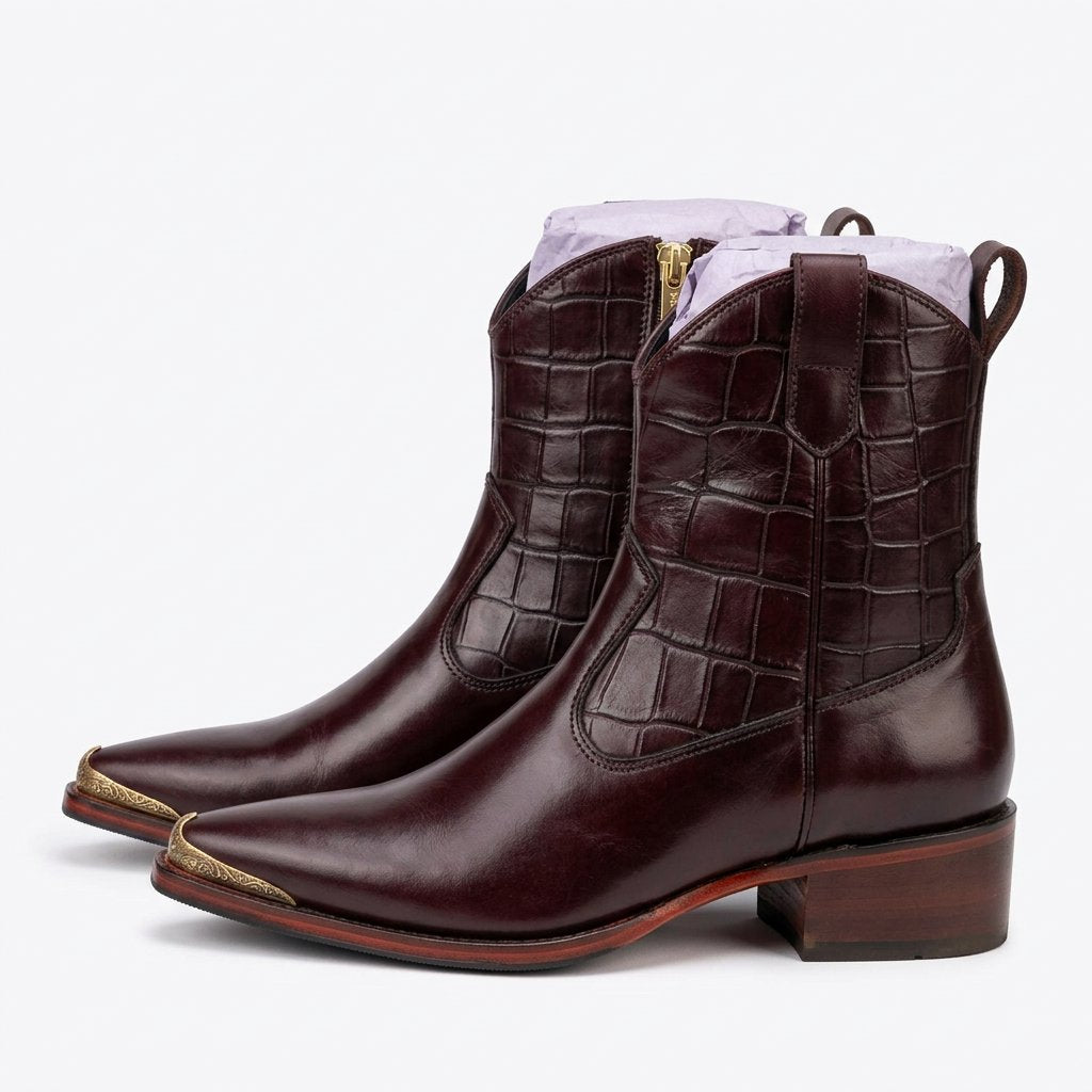 Scarface - Croc Textured Leather Western Chelsea Boots with Gold Toe Accent