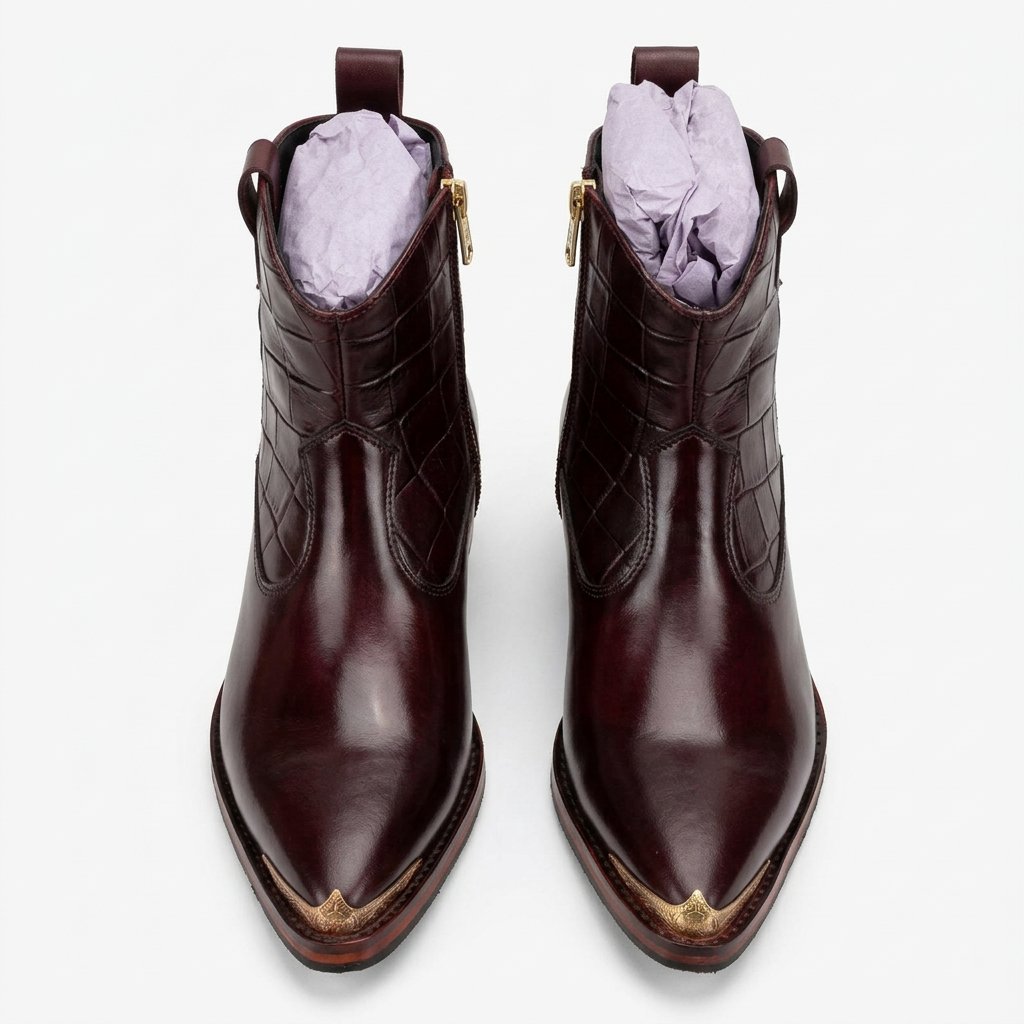 Scarface - Croc Textured Leather Western Chelsea Boots with Gold Toe Accent