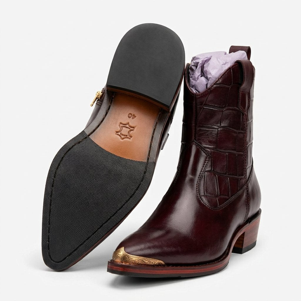 Scarface - Croc Textured Leather Western Chelsea Boots with Gold Toe Accent
