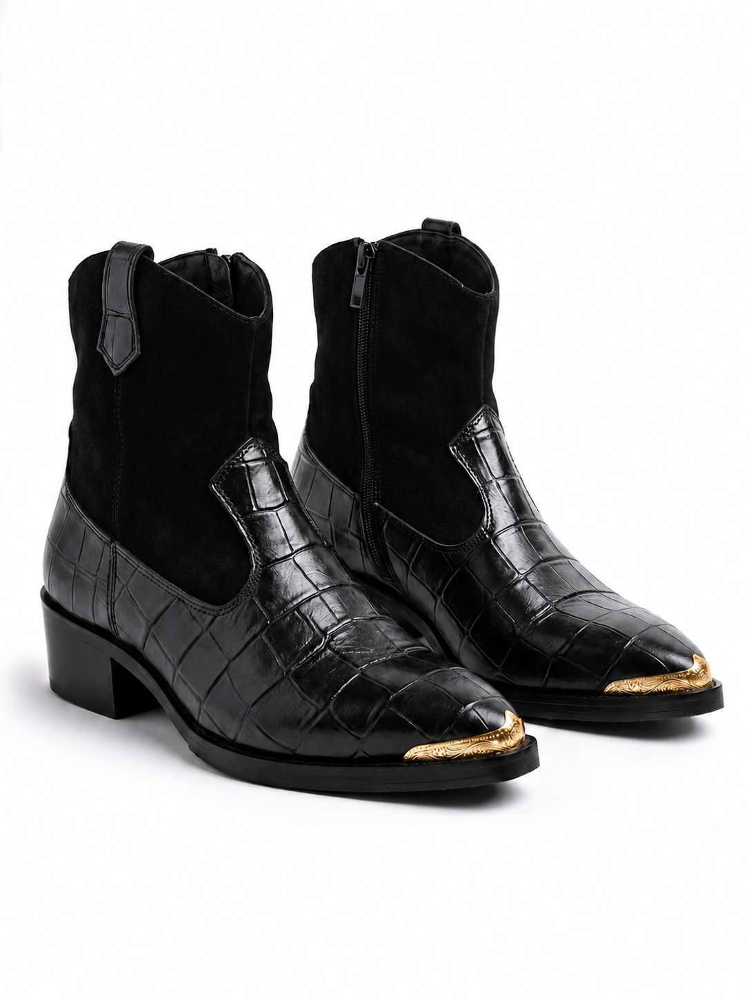 Scarface - Croc Textured Leather Western Chelsea Boots with Gold Toe Accent