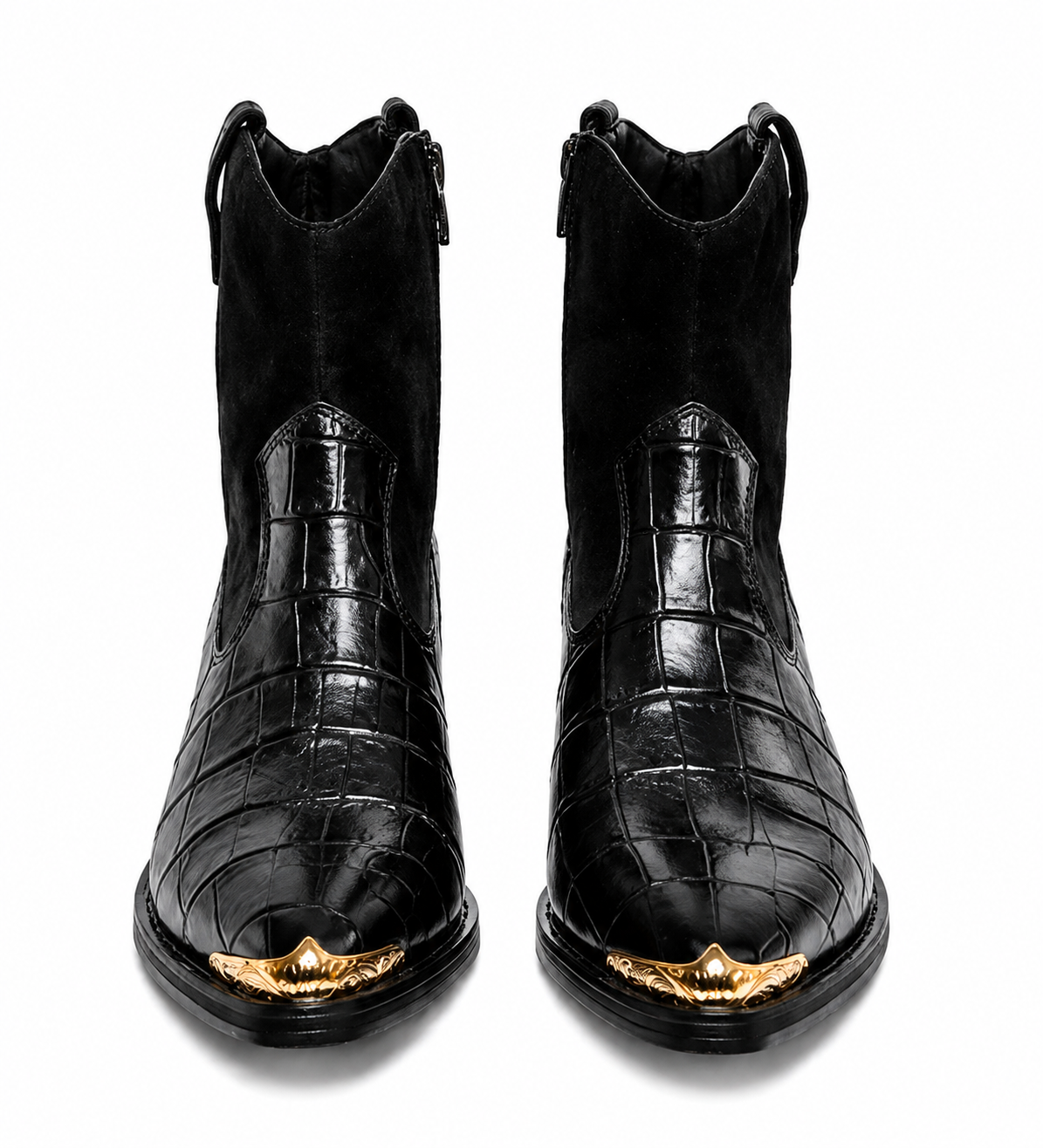 Scarface - Croc Textured Leather Western Chelsea Boots with Gold Toe Accent
