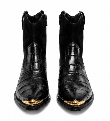 Scarface - Croc Textured Leather Western Chelsea Boots with Gold Toe Accent
