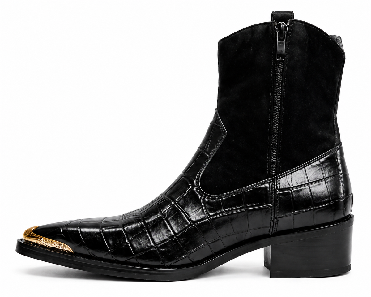 Scarface - Croc Textured Leather Western Chelsea Boots with Gold Toe Accent